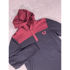 True Religion Hoodie Men's Small Red Hooded 3 Button Henley‎ Gray